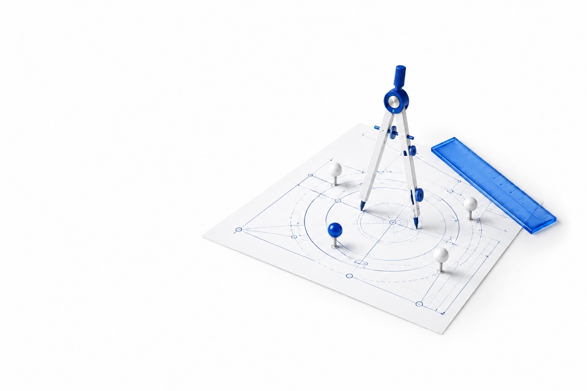 A drafting compass and review milestones representing measured, accountable delivery.