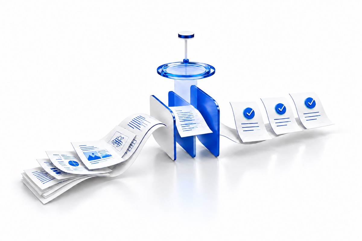 Unstructured documents pass through a precision interpretation stage and emerge as completed tasks.