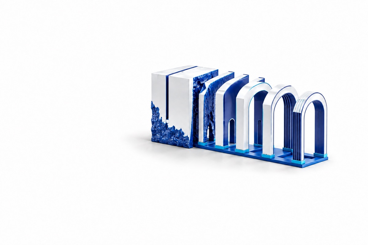 A solid structure transitioning to modular architecture while preserving its foundation.